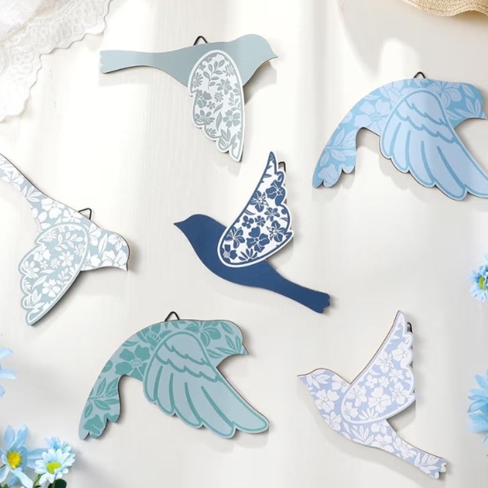 Floral Wooden Bird Decor Set - Mixed Blue, Gray & Floral Designs, Set of 6
